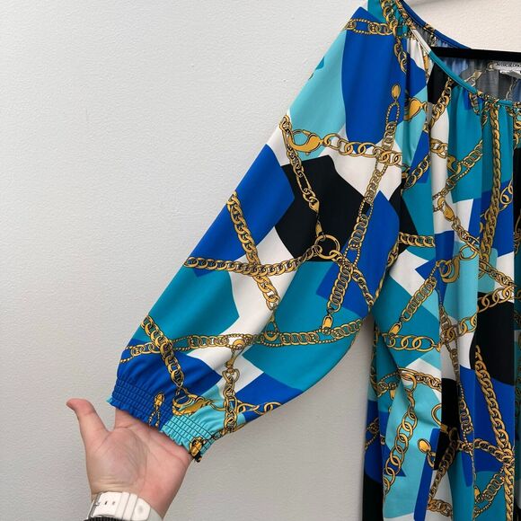 Jessica London Tunic Plus Size 30/32 Women's Top Blue Multicolor Graphic Chain - Picture 3 of 8